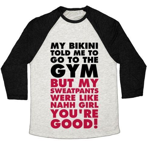 Virgin Teez  Baseball Tee Unisex Tri-Blend Baseball Tee / small / Oatmeal / Black MY BIKINI SAYS GYM BUT MY SWEATPANTS SAY COUCH UNISEX TRI-BLEND BASEBALL TEE