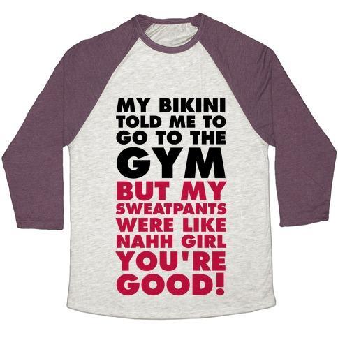 Virgin Teez  Baseball Tee Unisex Tri-Blend Baseball Tee / small / Oatmeal / Maroon MY BIKINI SAYS GYM BUT MY SWEATPANTS SAY COUCH UNISEX TRI-BLEND BASEBALL TEE