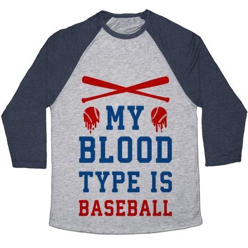 Virgin Teez  Baseball Tee Unisex Tri-Blend Baseball Tee / small / Athletic Gray / Navy MY BLOOD TYPE IS BASEBALL UNISEX TRI-BLEND BASEBALL TEE