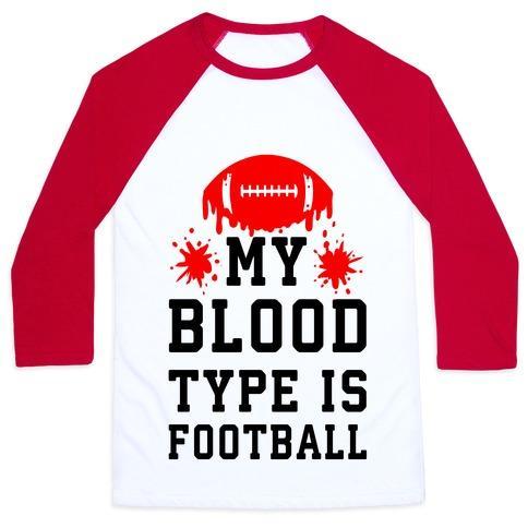 Virgin Teez  Baseball Tee Unisex Classic Baseball Tee / x-small / White/Red MY BLOOD TYPE IS FOOTBALL UNISEX CLASSIC BASEBALL TEE