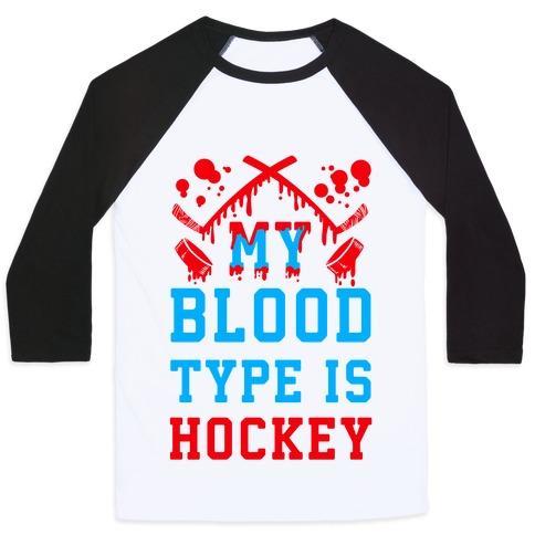 Virgin Teez  Baseball Tee Unisex Classic Baseball Tee / x-small / White/Black MY BLOOD TYPE IS HOCKEY UNISEX CLASSIC BASEBALL TEE