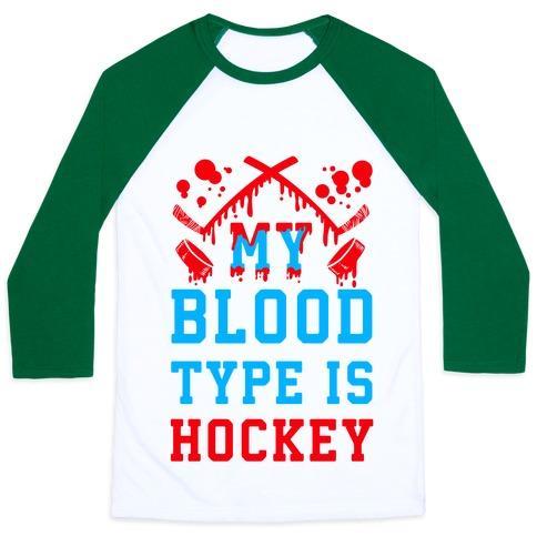 Virgin Teez  Baseball Tee Unisex Classic Baseball Tee / x-small / White/Dark Green MY BLOOD TYPE IS HOCKEY UNISEX CLASSIC BASEBALL TEE