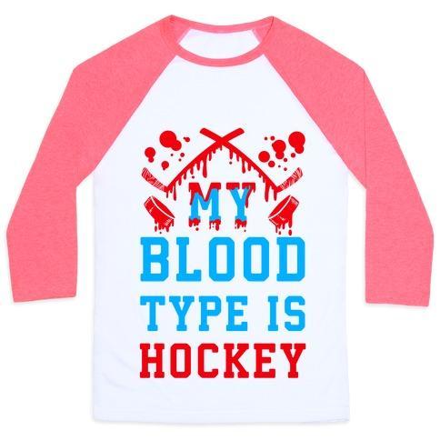 Virgin Teez  Baseball Tee Unisex Classic Baseball Tee / x-small / White/Neon Pink MY BLOOD TYPE IS HOCKEY UNISEX CLASSIC BASEBALL TEE