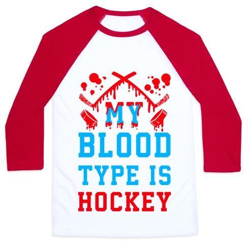Virgin Teez  Baseball Tee Unisex Classic Baseball Tee / x-small / White/Red MY BLOOD TYPE IS HOCKEY UNISEX CLASSIC BASEBALL TEE