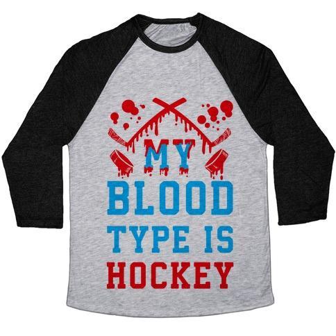 Virgin Teez  Baseball Tee Unisex Tri-Blend Baseball Tee / small / Athletic Gray / Black MY BLOOD TYPE IS HOCKEY UNISEX TRI-BLEND BASEBALL TEE