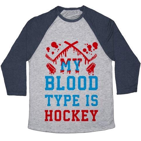 Virgin Teez  Baseball Tee Unisex Tri-Blend Baseball Tee / small / Athletic Gray / Navy MY BLOOD TYPE IS HOCKEY UNISEX TRI-BLEND BASEBALL TEE