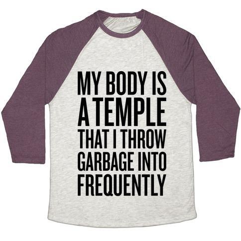 Virgin Teez  Baseball Tee Unisex Tri-Blend Baseball Tee / small / Oatmeal / Maroon MY BODY IS A TEMPLE UNISEX TRI-BLEND BASEBALL TEE