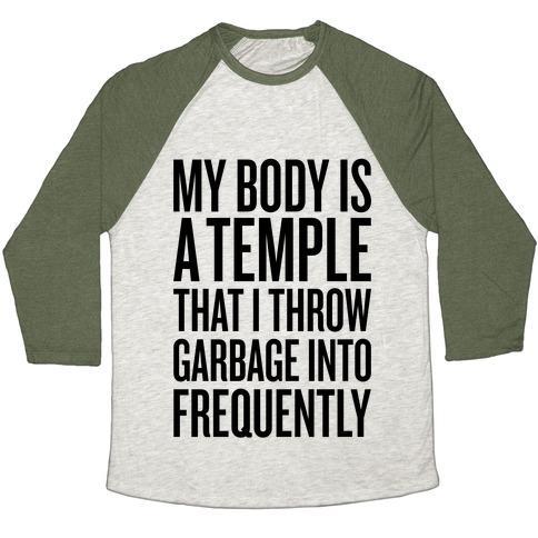 Virgin Teez  Baseball Tee Unisex Tri-Blend Baseball Tee / small / Oatmeal / Moss MY BODY IS A TEMPLE UNISEX TRI-BLEND BASEBALL TEE