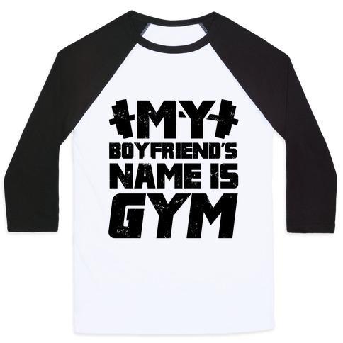 Virgin Teez  Baseball Tee Unisex Classic Baseball Tee / x-small / White/Black MY BOYFRIEND'S NAME IS GYM UNISEX CLASSIC BASEBALL TEE