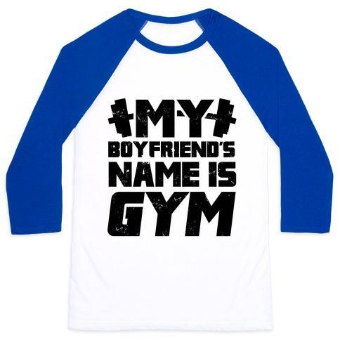Virgin Teez  Baseball Tee Unisex Classic Baseball Tee / x-small / White/Blue MY BOYFRIEND'S NAME IS GYM UNISEX CLASSIC BASEBALL TEE