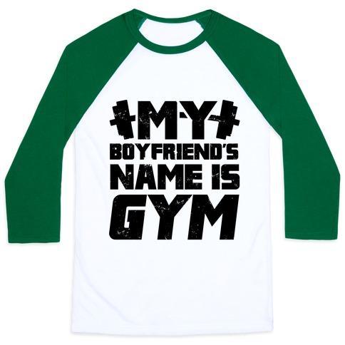 Virgin Teez  Baseball Tee Unisex Classic Baseball Tee / x-small / White/Dark Green MY BOYFRIEND'S NAME IS GYM UNISEX CLASSIC BASEBALL TEE