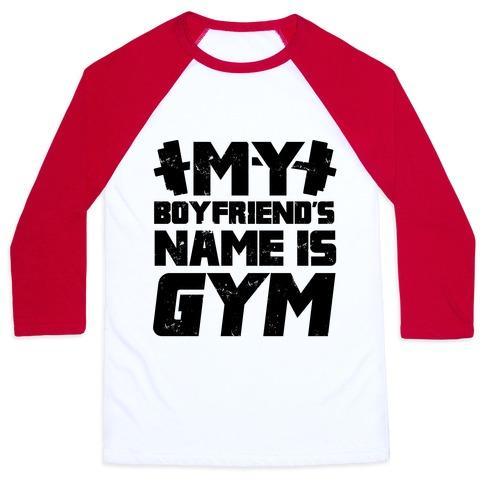 Virgin Teez  Baseball Tee Unisex Classic Baseball Tee / x-small / White/Red MY BOYFRIEND'S NAME IS GYM UNISEX CLASSIC BASEBALL TEE