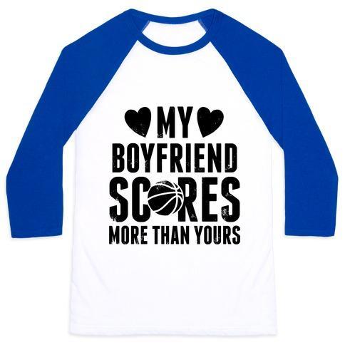 Virgin Teez  Baseball Tee Unisex Classic Baseball Tee / x-small / White/Blue MY BOYFRIEND SCORES MORE THAN YOURS (BASKETBALL) UNISEX CLASSIC BASEBALL TEE