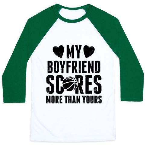 Virgin Teez  Baseball Tee Unisex Classic Baseball Tee / x-small / White/Dark Green MY BOYFRIEND SCORES MORE THAN YOURS (BASKETBALL) UNISEX CLASSIC BASEBALL TEE