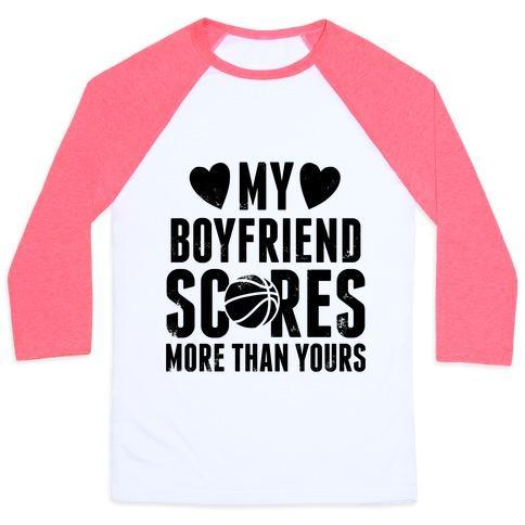 Virgin Teez  Baseball Tee Unisex Classic Baseball Tee / x-small / White/Neon Pink MY BOYFRIEND SCORES MORE THAN YOURS (BASKETBALL) UNISEX CLASSIC BASEBALL TEE