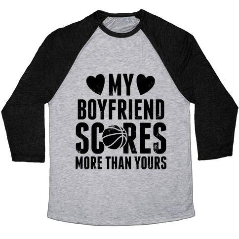 Virgin Teez  Baseball Tee Unisex Tri-Blend Baseball Tee / small / Athletic Gray / Black MY BOYFRIEND SCORES MORE THAN YOURS (BASKETBALL) UNISEX TRI-BLEND BASEBALL TEE