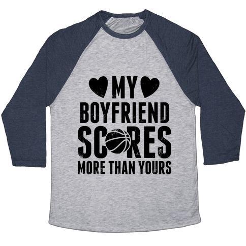 Virgin Teez  Baseball Tee Unisex Tri-Blend Baseball Tee / small / Athletic Gray / Navy MY BOYFRIEND SCORES MORE THAN YOURS (BASKETBALL) UNISEX TRI-BLEND BASEBALL TEE