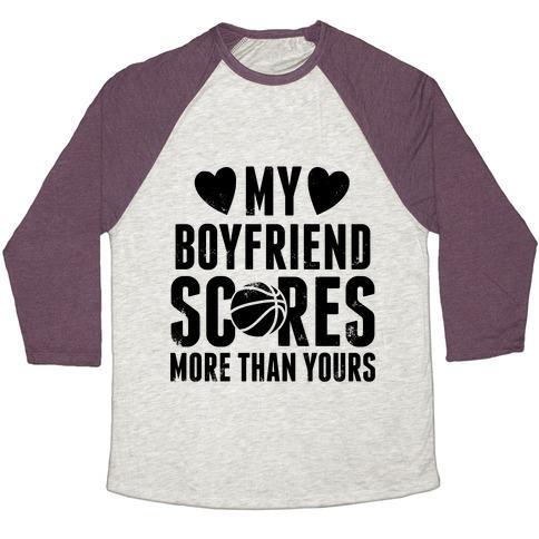 Virgin Teez  Baseball Tee Unisex Tri-Blend Baseball Tee / small / Oatmeal / Maroon MY BOYFRIEND SCORES MORE THAN YOURS (BASKETBALL) UNISEX TRI-BLEND BASEBALL TEE