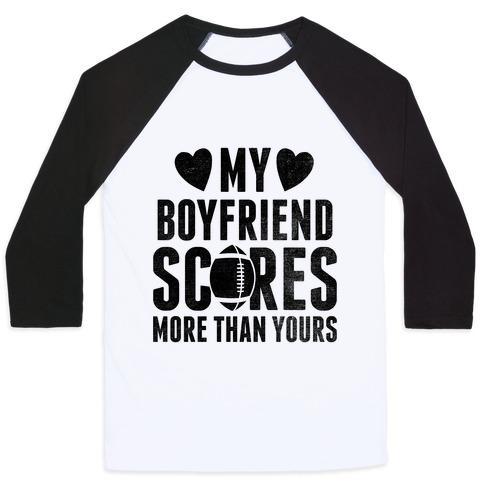 Virgin Teez  Baseball Tee Unisex Classic Baseball Tee / x-small / White/Black MY BOYFRIEND SCORES MORE THAN YOURS (FOOTBALL) UNISEX CLASSIC BASEBALL TEE