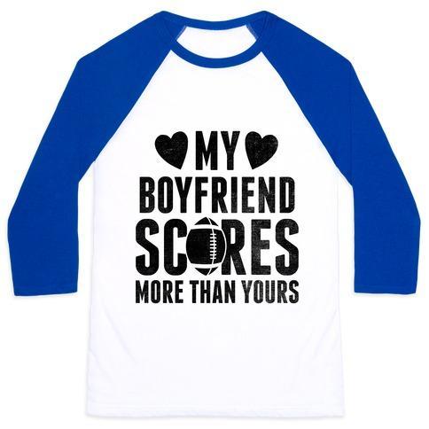 Virgin Teez  Baseball Tee Unisex Classic Baseball Tee / x-small / White/Blue MY BOYFRIEND SCORES MORE THAN YOURS (FOOTBALL) UNISEX CLASSIC BASEBALL TEE
