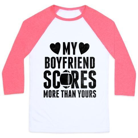 Virgin Teez  Baseball Tee Unisex Classic Baseball Tee / x-small / White/Neon Pink MY BOYFRIEND SCORES MORE THAN YOURS (FOOTBALL) UNISEX CLASSIC BASEBALL TEE