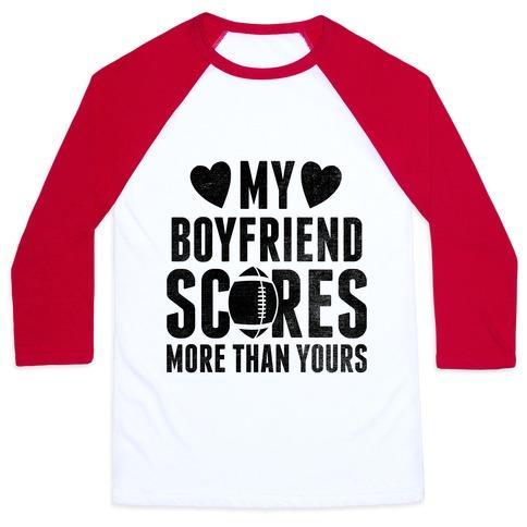 Virgin Teez  Baseball Tee Unisex Classic Baseball Tee / x-small / White/Red MY BOYFRIEND SCORES MORE THAN YOURS (FOOTBALL) UNISEX CLASSIC BASEBALL TEE
