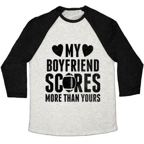 Virgin Teez  Baseball Tee Unisex Tri-Blend Baseball Tee / small / Oatmeal / Black MY BOYFRIEND SCORES MORE THAN YOURS (FOOTBALL) UNISEX TRI-BLEND BASEBALL TEE