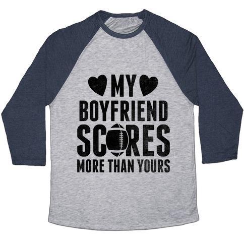 Virgin Teez  Baseball Tee Unisex Tri-Blend Baseball Tee / small / Athletic Gray / Navy MY BOYFRIEND SCORES MORE THAN YOURS (FOOTBALL) UNISEX TRI-BLEND BASEBALL TEE