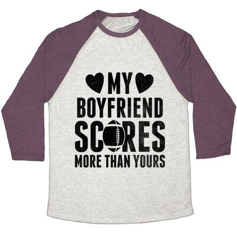 Virgin Teez  Baseball Tee Unisex Tri-Blend Baseball Tee / small / Oatmeal / Maroon MY BOYFRIEND SCORES MORE THAN YOURS (FOOTBALL) UNISEX TRI-BLEND BASEBALL TEE