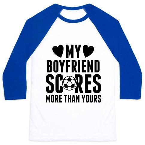 Virgin Teez  Baseball Tee Unisex Classic Baseball Tee / x-small / White/Blue MY BOYFRIEND SCORES MORE THAN YOURS (SOCCER) UNISEX CLASSIC BASEBALL TEE