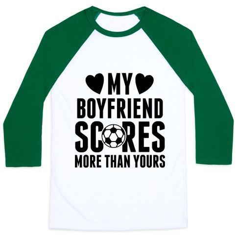 Virgin Teez  Baseball Tee Unisex Classic Baseball Tee / x-small / White/Dark Green MY BOYFRIEND SCORES MORE THAN YOURS (SOCCER) UNISEX CLASSIC BASEBALL TEE