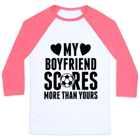 Virgin Teez  Baseball Tee Unisex Classic Baseball Tee / x-small / White/Neon Pink MY BOYFRIEND SCORES MORE THAN YOURS (SOCCER) UNISEX CLASSIC BASEBALL TEE