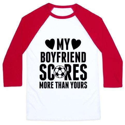 Virgin Teez  Baseball Tee Unisex Classic Baseball Tee / x-small / White/Red MY BOYFRIEND SCORES MORE THAN YOURS (SOCCER) UNISEX CLASSIC BASEBALL TEE