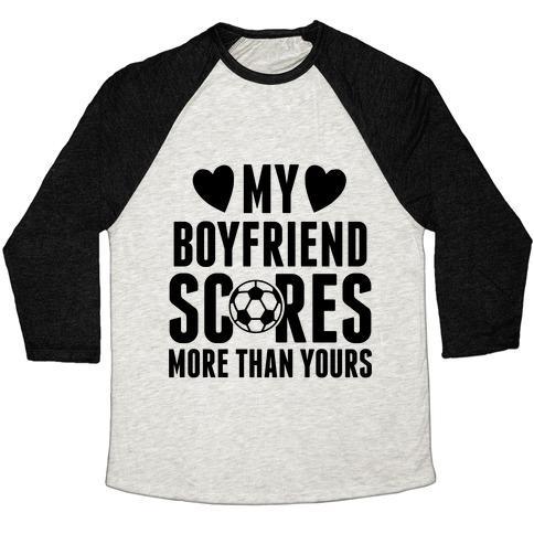 Virgin Teez  Baseball Tee Unisex Tri-Blend Baseball Tee / small / Oatmeal / Black MY BOYFRIEND SCORES MORE THAN YOURS (SOCCER) UNISEX TRI-BLEND BASEBALL TEE