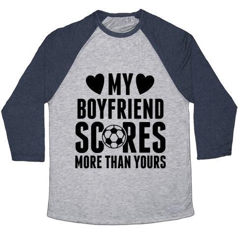 Virgin Teez  Baseball Tee Unisex Tri-Blend Baseball Tee / small / Athletic Gray / Navy MY BOYFRIEND SCORES MORE THAN YOURS (SOCCER) UNISEX TRI-BLEND BASEBALL TEE