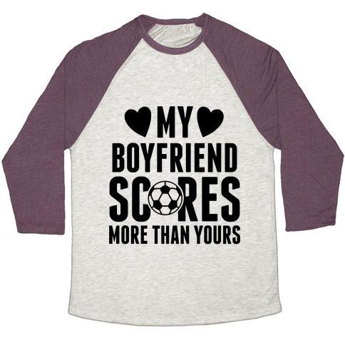 Virgin Teez  Baseball Tee Unisex Tri-Blend Baseball Tee / small / Oatmeal / Maroon MY BOYFRIEND SCORES MORE THAN YOURS (SOCCER) UNISEX TRI-BLEND BASEBALL TEE