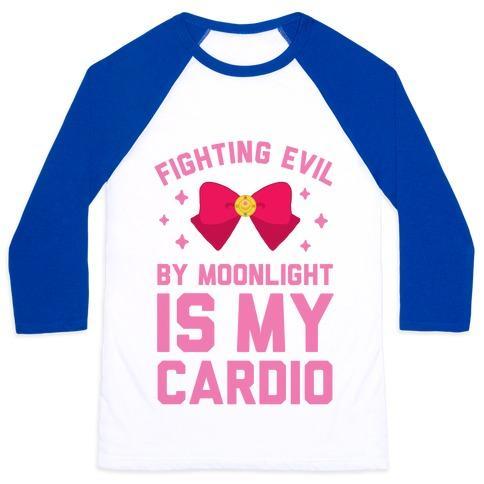 Virgin Teez  Baseball Tee Unisex Classic Baseball Tee / x-small / White/Blue MY CARDIO IS FIGHTING EVIL BY MOONLIGHT UNISEX CLASSIC BASEBALL TEE