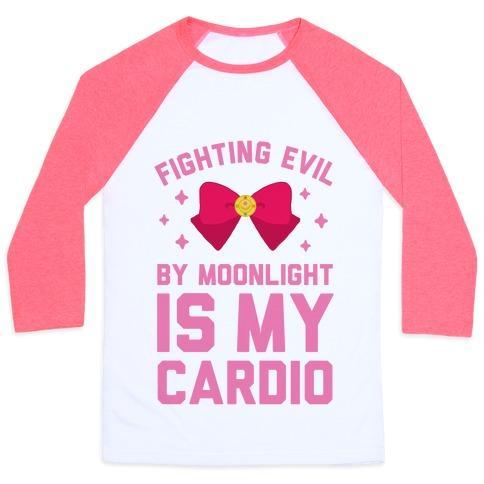 Virgin Teez  Baseball Tee Unisex Classic Baseball Tee / x-small / White/Neon Pink MY CARDIO IS FIGHTING EVIL BY MOONLIGHT UNISEX CLASSIC BASEBALL TEE