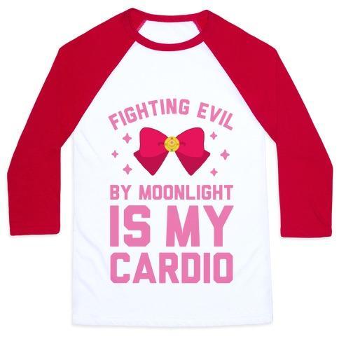 Virgin Teez  Baseball Tee Unisex Classic Baseball Tee / x-small / White/Red MY CARDIO IS FIGHTING EVIL BY MOONLIGHT UNISEX CLASSIC BASEBALL TEE