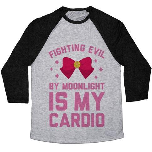 Virgin Teez  Baseball Tee Unisex Tri-Blend Baseball Tee / small / Athletic Gray / Black MY CARDIO IS FIGHTING EVIL BY MOONLIGHT UNISEX TRI-BLEND BASEBALL TEE