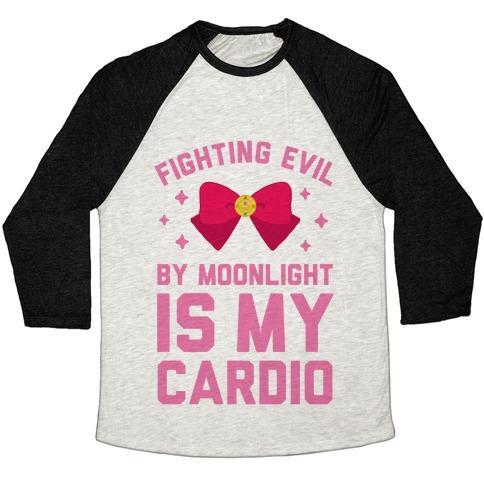Virgin Teez  Baseball Tee Unisex Tri-Blend Baseball Tee / small / Oatmeal / Black MY CARDIO IS FIGHTING EVIL BY MOONLIGHT UNISEX TRI-BLEND BASEBALL TEE