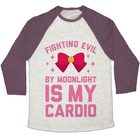 Virgin Teez  Baseball Tee Unisex Tri-Blend Baseball Tee / small / Oatmeal / Maroon MY CARDIO IS FIGHTING EVIL BY MOONLIGHT UNISEX TRI-BLEND BASEBALL TEE
