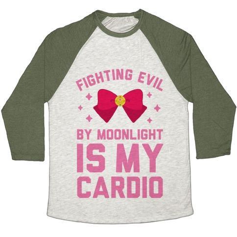 Virgin Teez  Baseball Tee Unisex Tri-Blend Baseball Tee / small / Oatmeal / Moss MY CARDIO IS FIGHTING EVIL BY MOONLIGHT UNISEX TRI-BLEND BASEBALL TEE