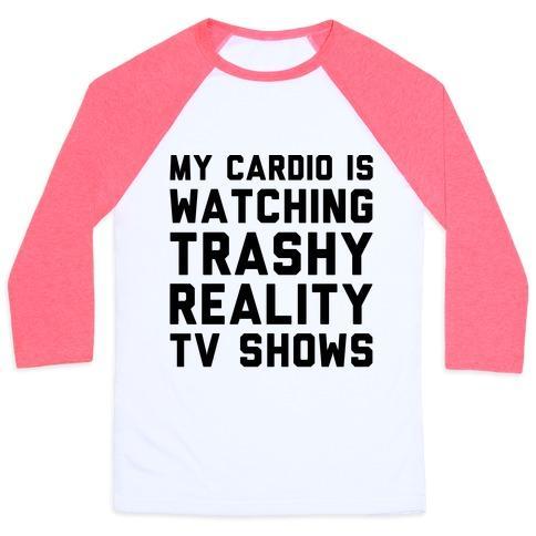 Virgin Teez  Baseball Tee Unisex Classic Baseball Tee / x-small / White/Neon Pink MY CARDIO IS WATCHING TRASHY REALITY TV SHOWS PARODY UNISEX CLASSIC BASEBALL TEE