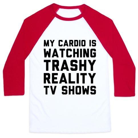 Virgin Teez  Baseball Tee Unisex Classic Baseball Tee / x-small / White/Red MY CARDIO IS WATCHING TRASHY REALITY TV SHOWS PARODY UNISEX CLASSIC BASEBALL TEE