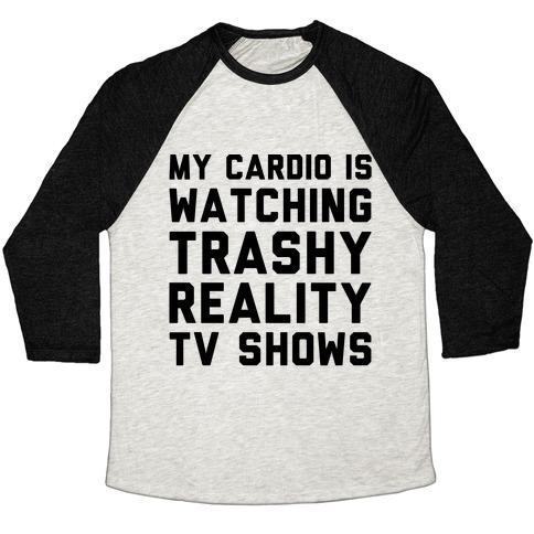 Virgin Teez  Baseball Tee Unisex Tri-Blend Baseball Tee / small / Oatmeal / Black MY CARDIO IS WATCHING TRASHY REALITY TV SHOWS PARODY UNISEX TRI-BLEND BASEBALL TEE