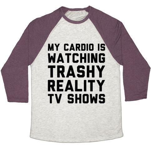 Virgin Teez  Baseball Tee Unisex Tri-Blend Baseball Tee / small / Oatmeal / Maroon MY CARDIO IS WATCHING TRASHY REALITY TV SHOWS PARODY UNISEX TRI-BLEND BASEBALL TEE