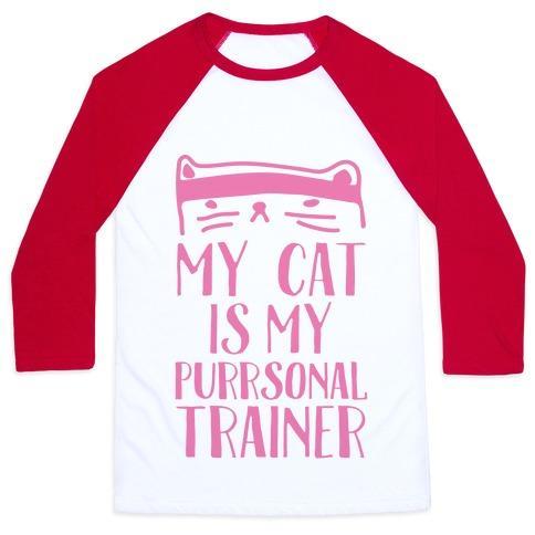Virgin Teez  Baseball Tee Unisex Classic Baseball Tee / x-small / White/Red MY CAT IS MY PERSONAL TRAINER UNISEX CLASSIC BASEBALL TEE