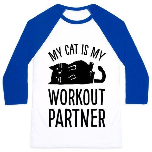 Virgin Teez  Baseball Tee Unisex Classic Baseball Tee / x-small / White/Blue MY CAT IS MY WORKOUT PARTNER UNISEX CLASSIC BASEBALL TEE