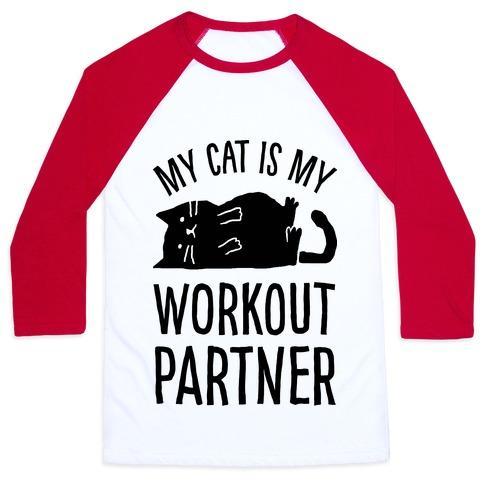 Virgin Teez  Baseball Tee Unisex Classic Baseball Tee / x-small / White/Red MY CAT IS MY WORKOUT PARTNER UNISEX CLASSIC BASEBALL TEE
